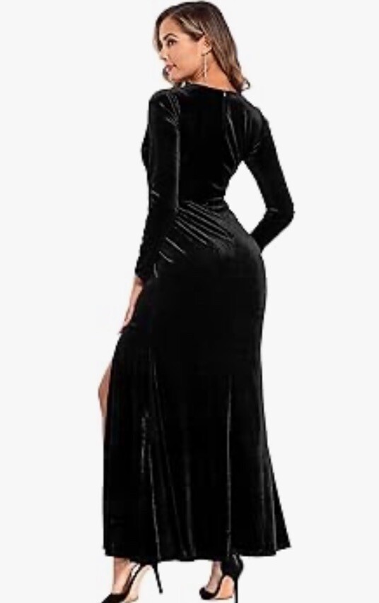 Ababalaya M Black Velvet Wrap Party Dress Long Sleeve VNeck Maxi Slit
