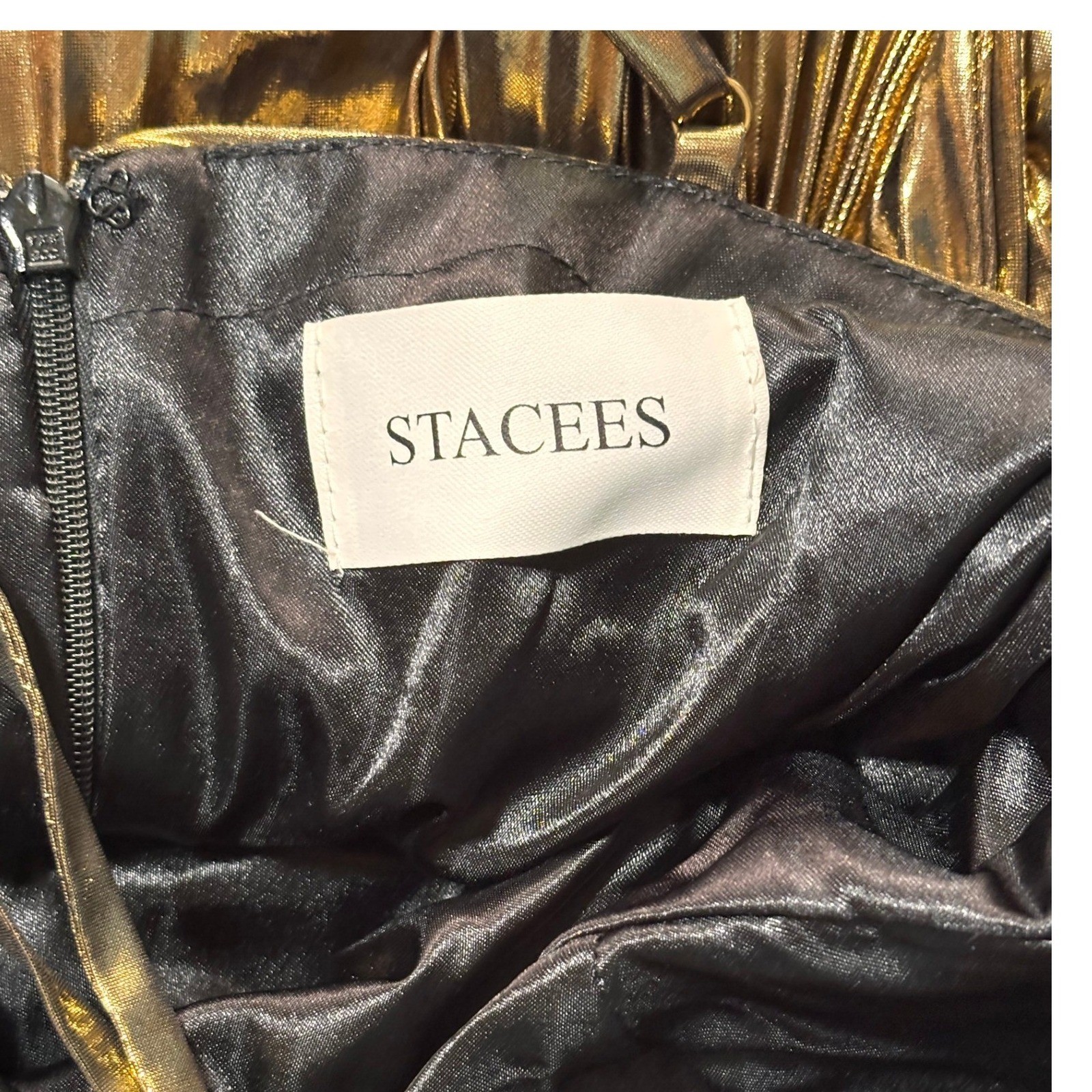 Pleated Metallic Stacees Cocktail Dress US2 Gold