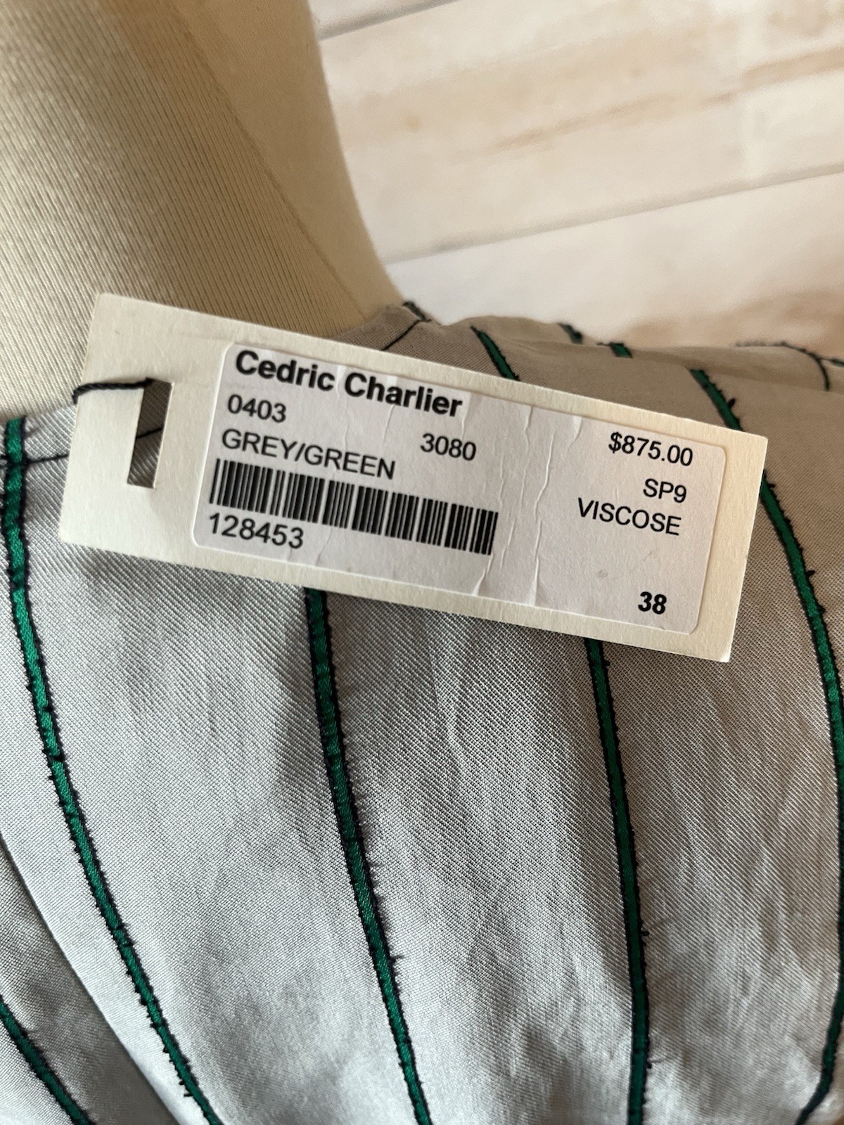NWT cedric Charlier size 4 faux wrap midi dress in stripe zip closure green/gray