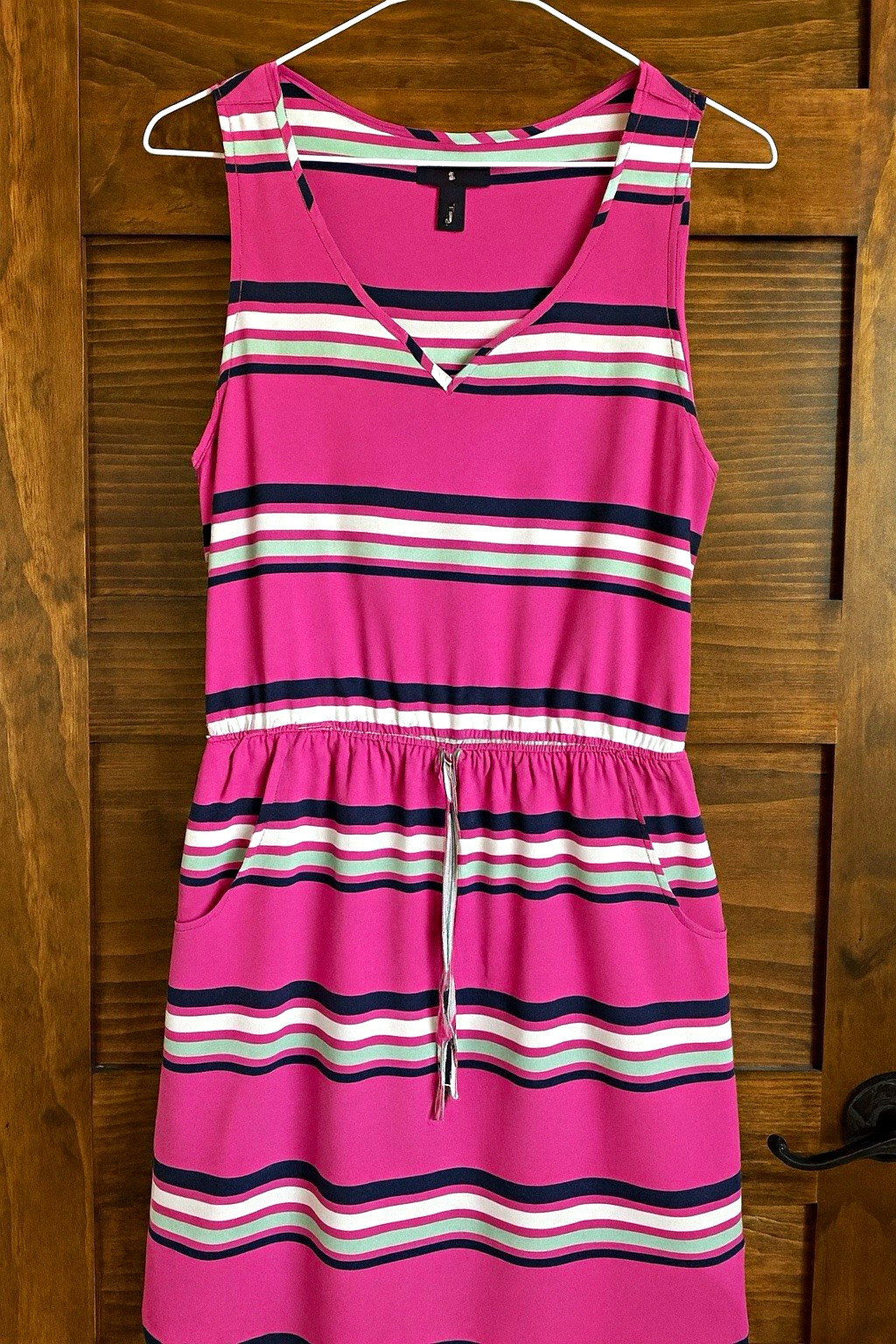 Gap Women’s Pink Striped Tank Dress M V-Neck Sleeveless Drawstring Waist Knee