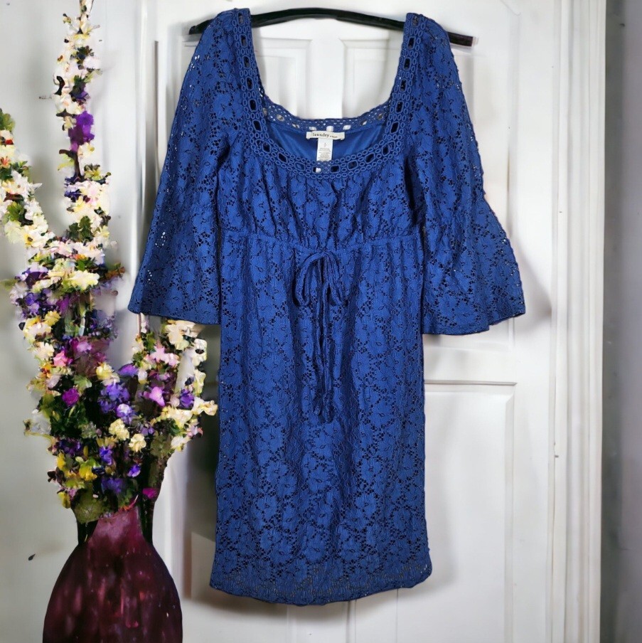 Laundry By Design Womens S Boho Dress Crochet Floral Lace Elastic Waist Blue