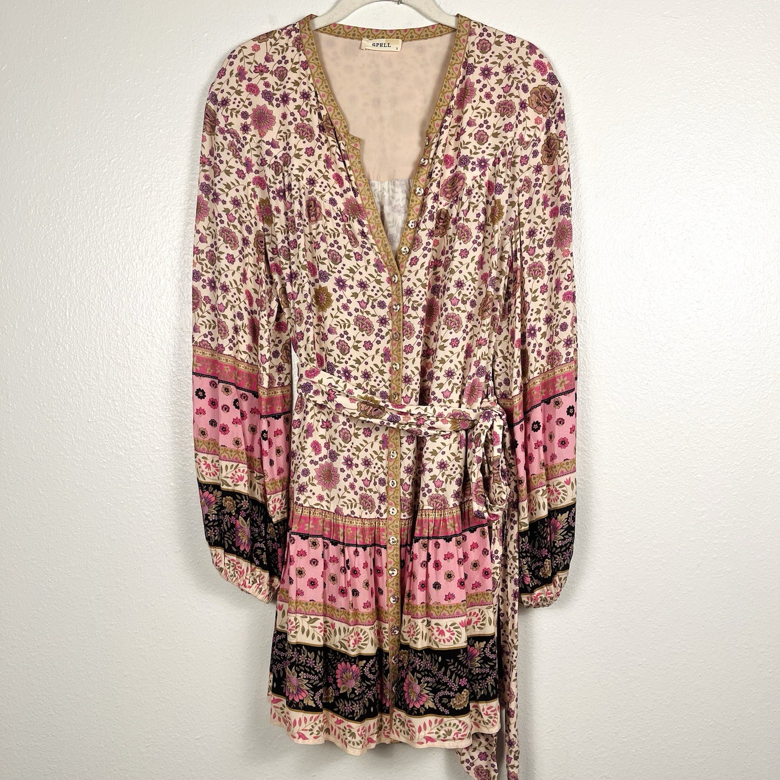 SPELL Small Lady Untamed Pink Floral Belted Long Sleeve Boho Mini Tunic Dress