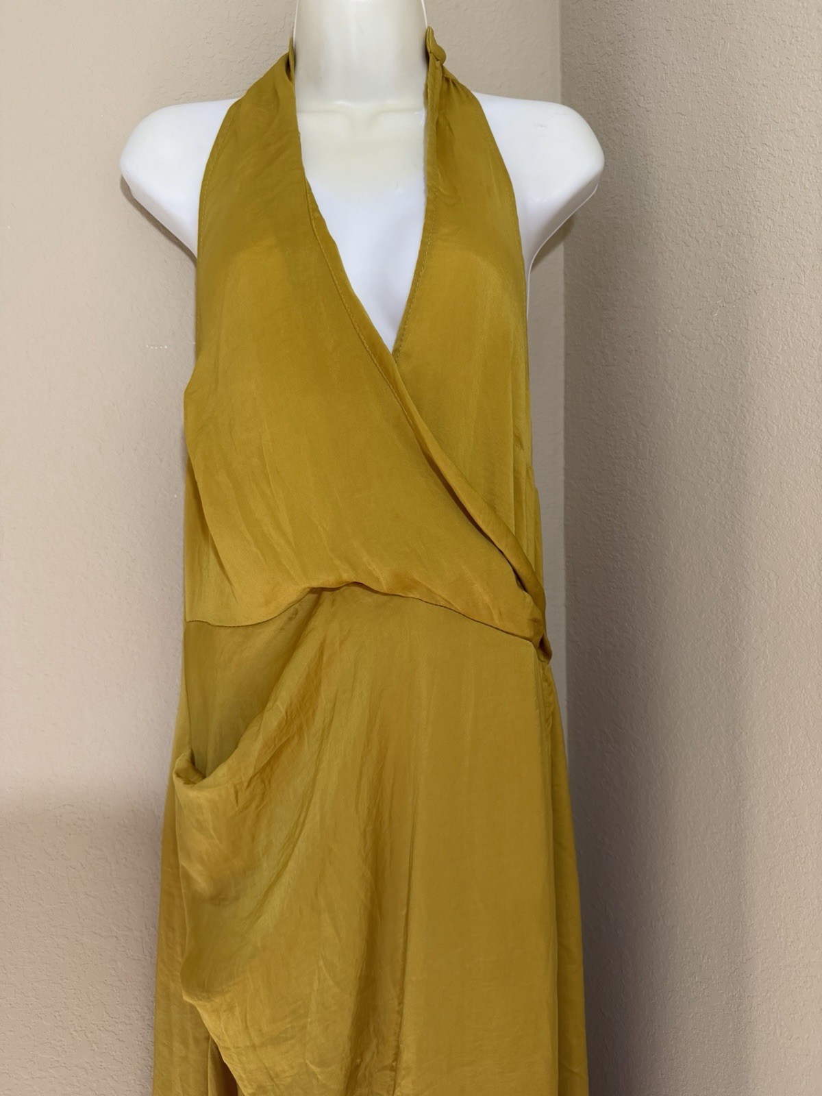 PrettyLittleThing Mustard Yellow Satin Halterneck Backless Maxi Dress Size 12