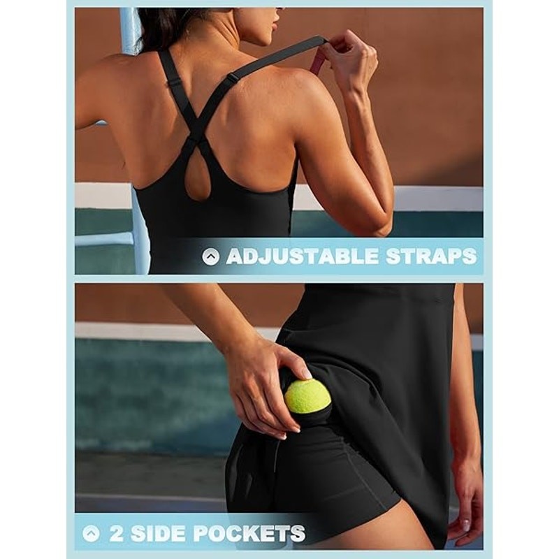 New Iuga Womens Medium Black Thin Strap Athletic Tennis Dress w Built In Shorts