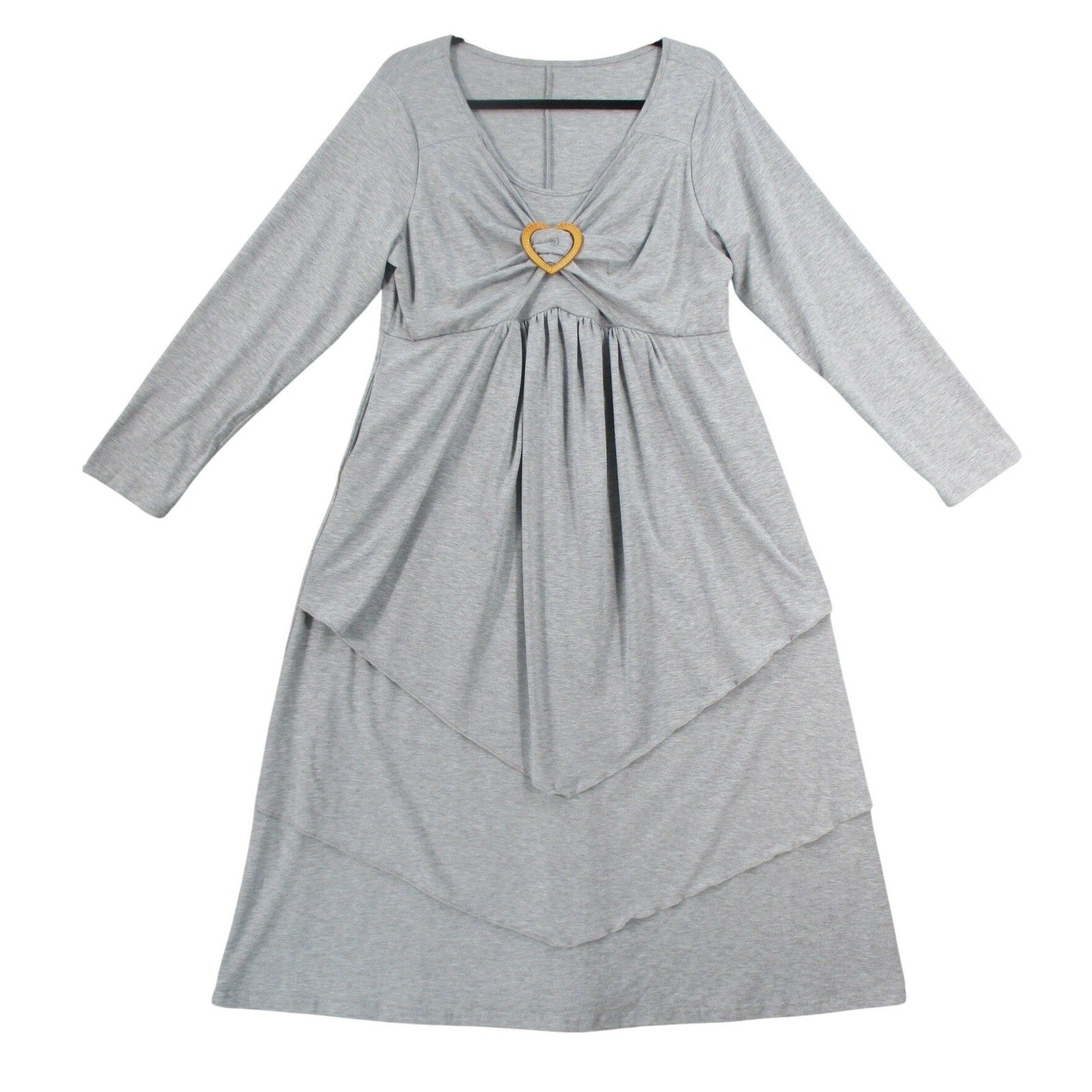 Womens Heather Gray Heart Buckle Layered Handkerchief Hem Midi Dress Long Sleeve