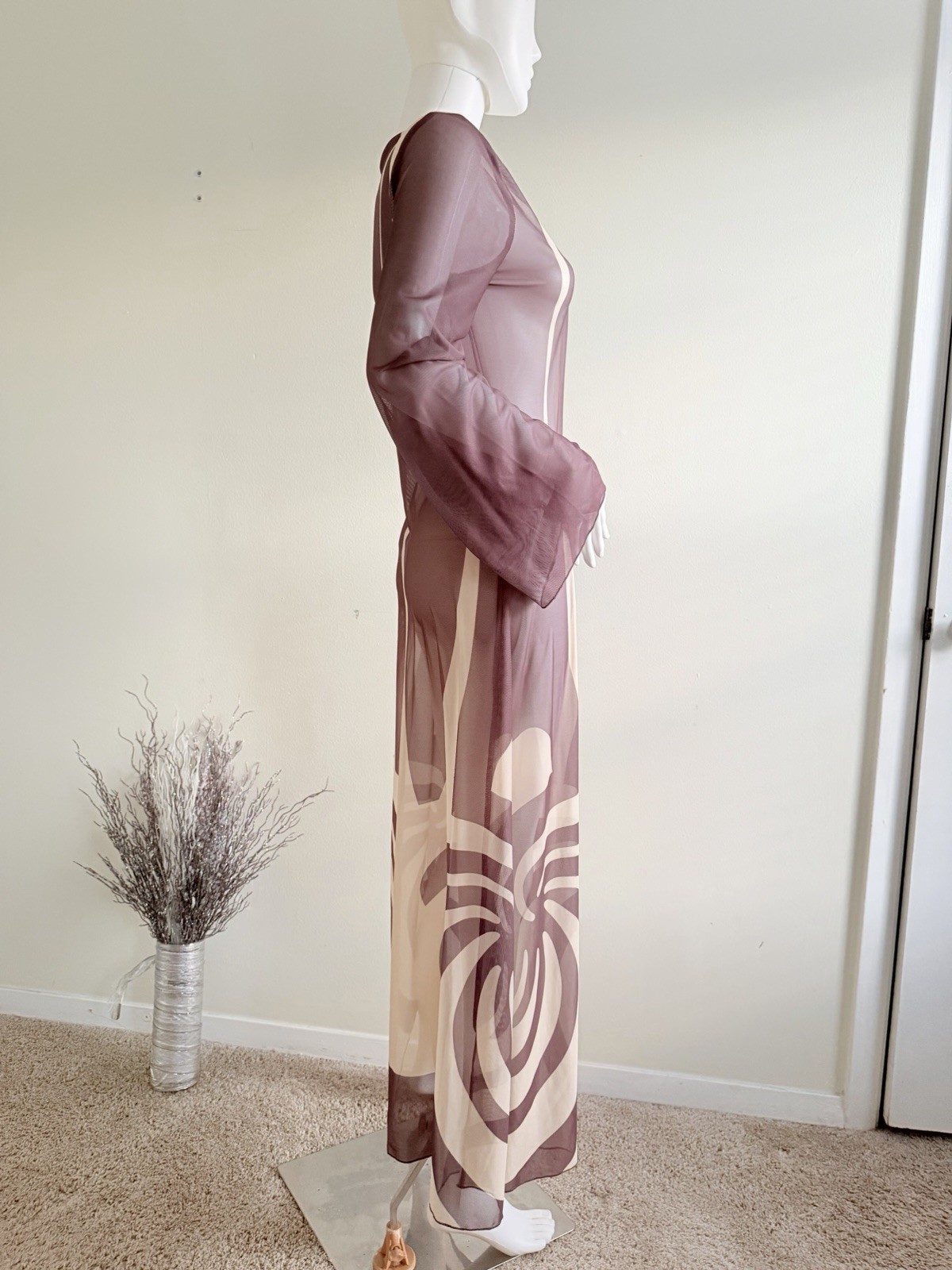 Caroline Constas XS Mesh Maxi Dress Brown Beige Abstract V-Neck Sheer Bell