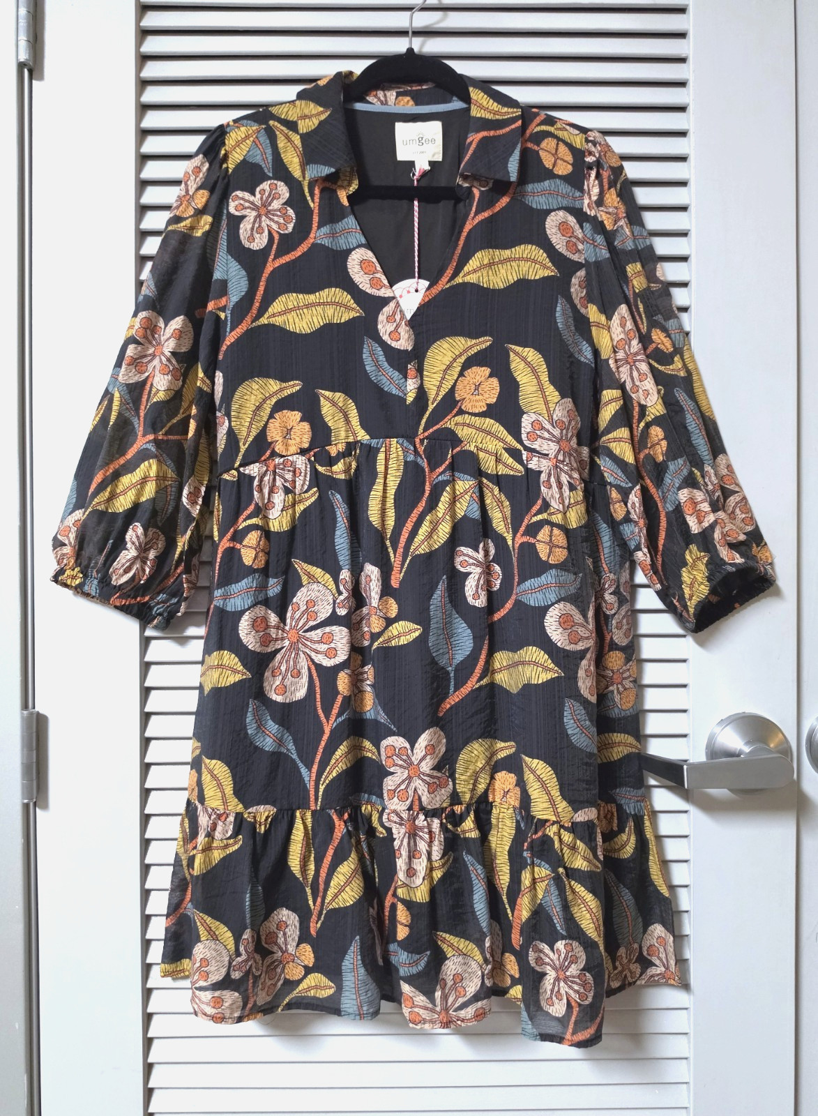 3/4 brown floral collared pleat ruffle dress XL