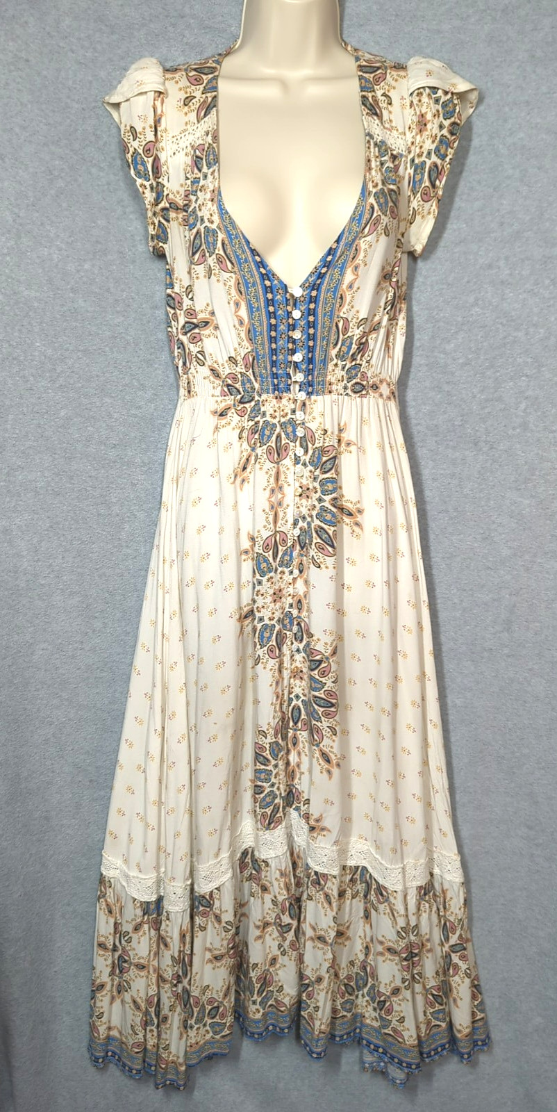 JAASE Maxi Dress XS Lace Inserts Ruffle Hem Romantic Charm Boho Prairie Chicness