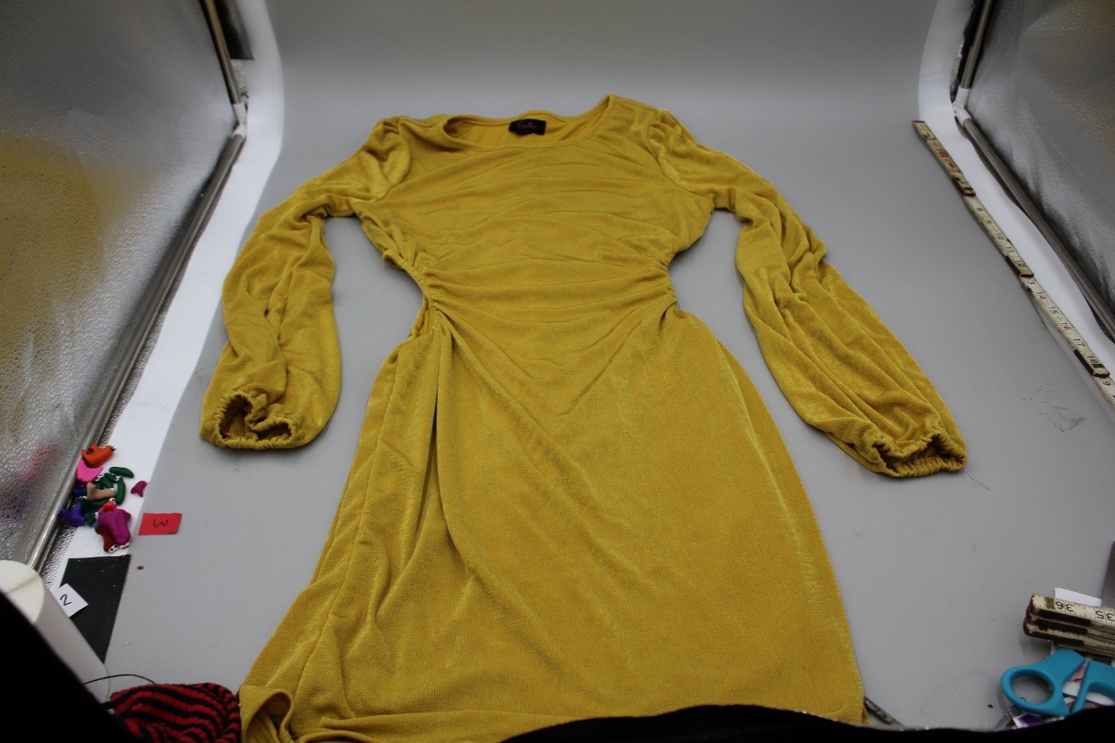 FIESTAR Stretchy Mini Dress Yellow Long Sleeve Size LARGE Cocktail Lounge Hugger