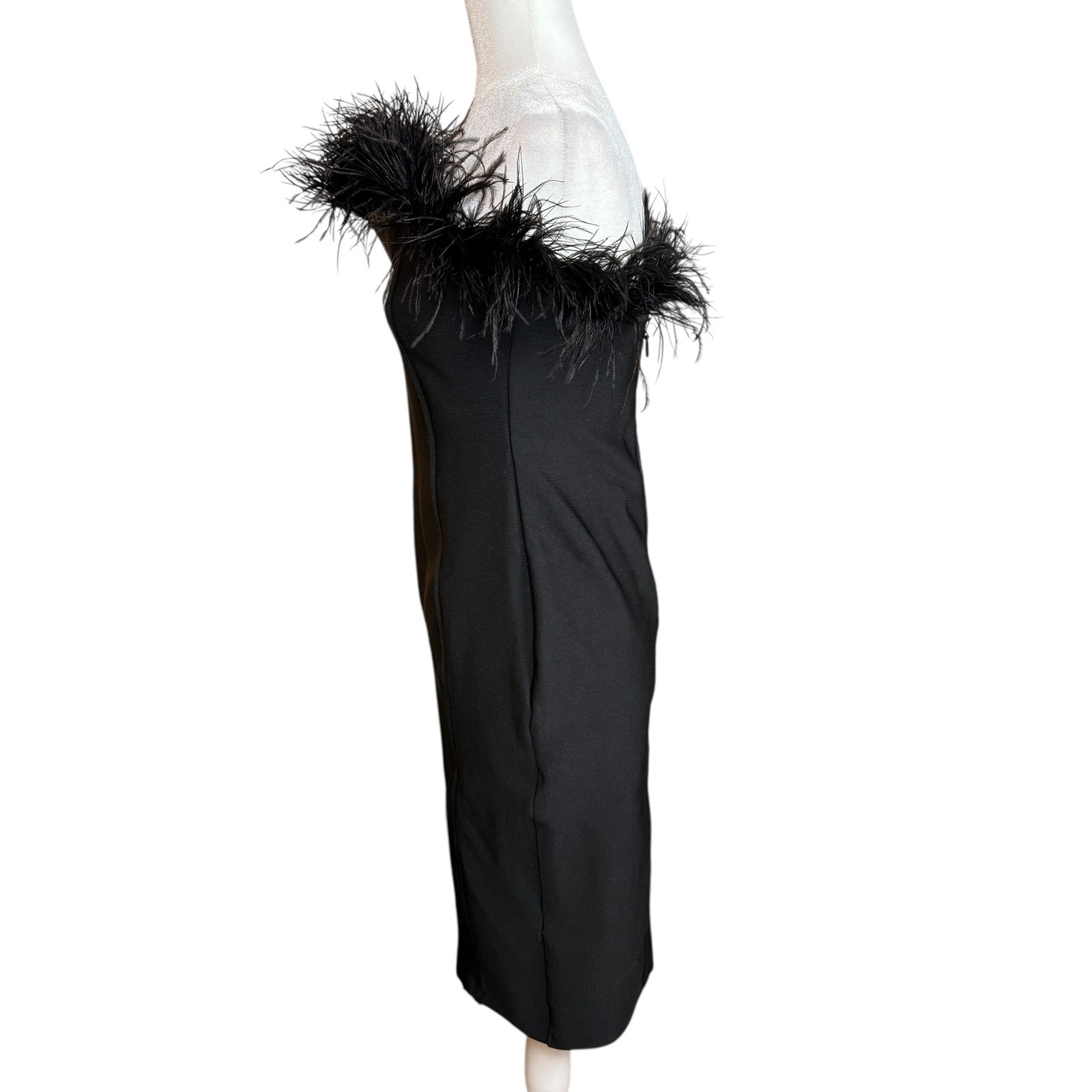 Black Feather Trim Strapless Silhouette Bodycon Dress Size L Dramatic Edgy