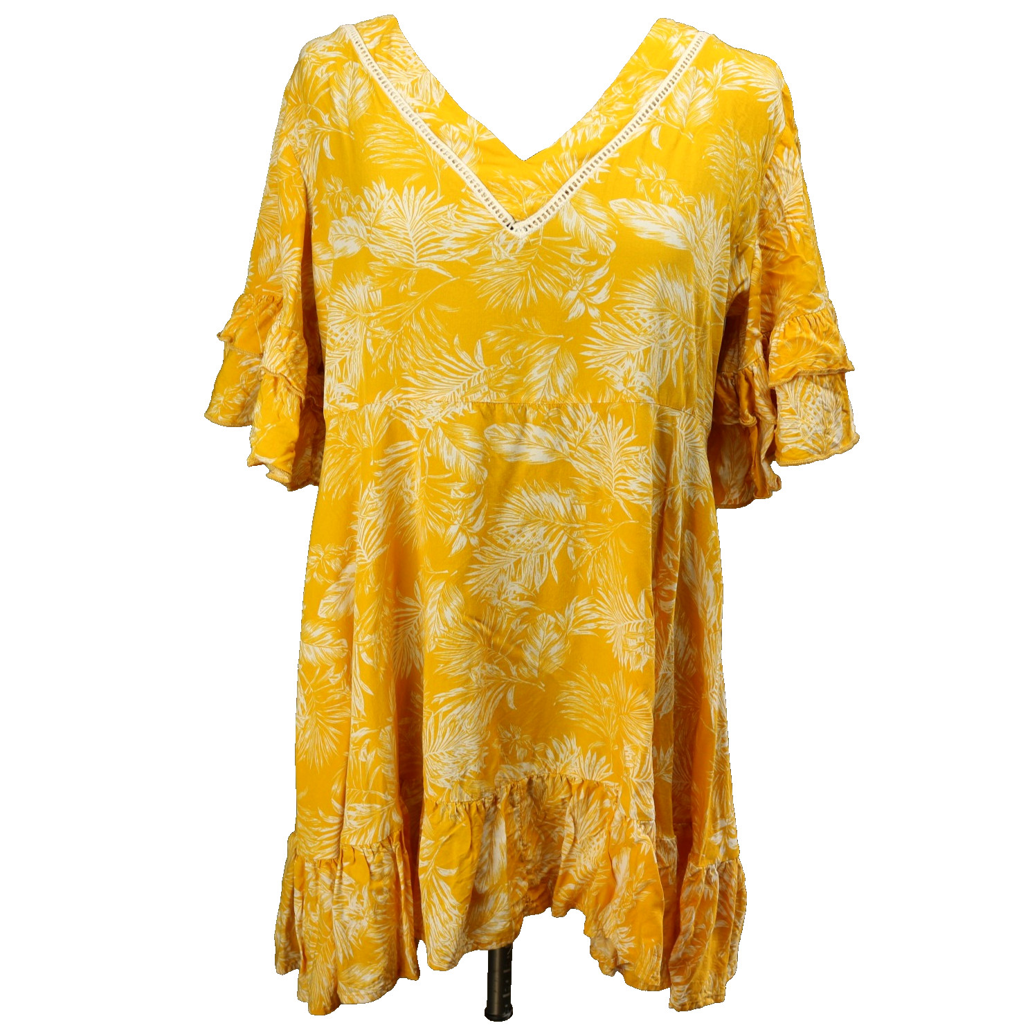 Label of Love Ruffle Sleeve/Hem Floral Mini Dress Eyelet Lace Accent Yellow L