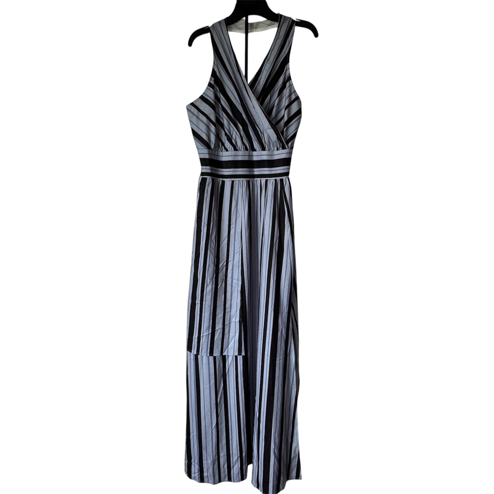 Layered Elegant Striped Sleeveless Halter Dress w/ Pockets Side Zipper Slit Sz M