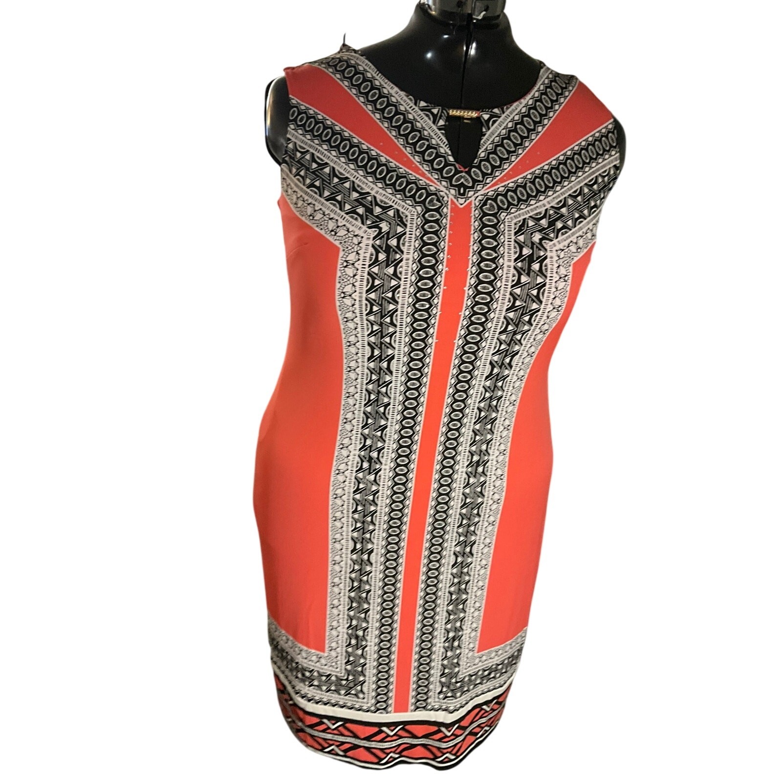 Coral Orange Black White Geometric Tribal Shift Dress NWT Large