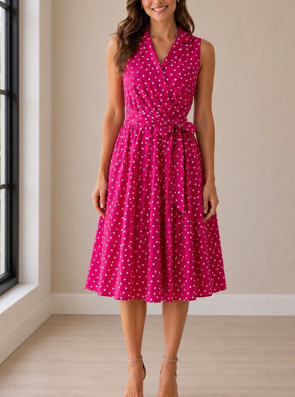 Evan Picone Pink Polka Dot Dress Fitted Tie Waist Full Skirt Sleeveless Size 12