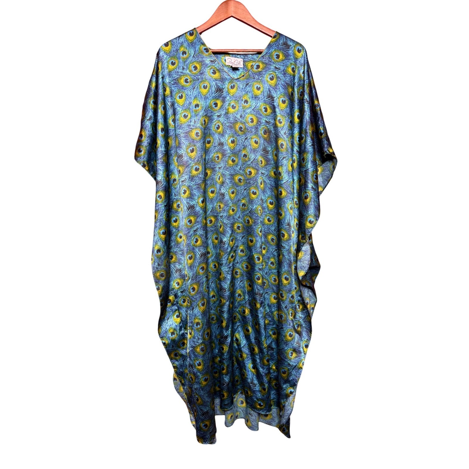 VTG Rene Rofe At Home Peacock Feather Print Kaftan Blue Teal One Size 1355-9059