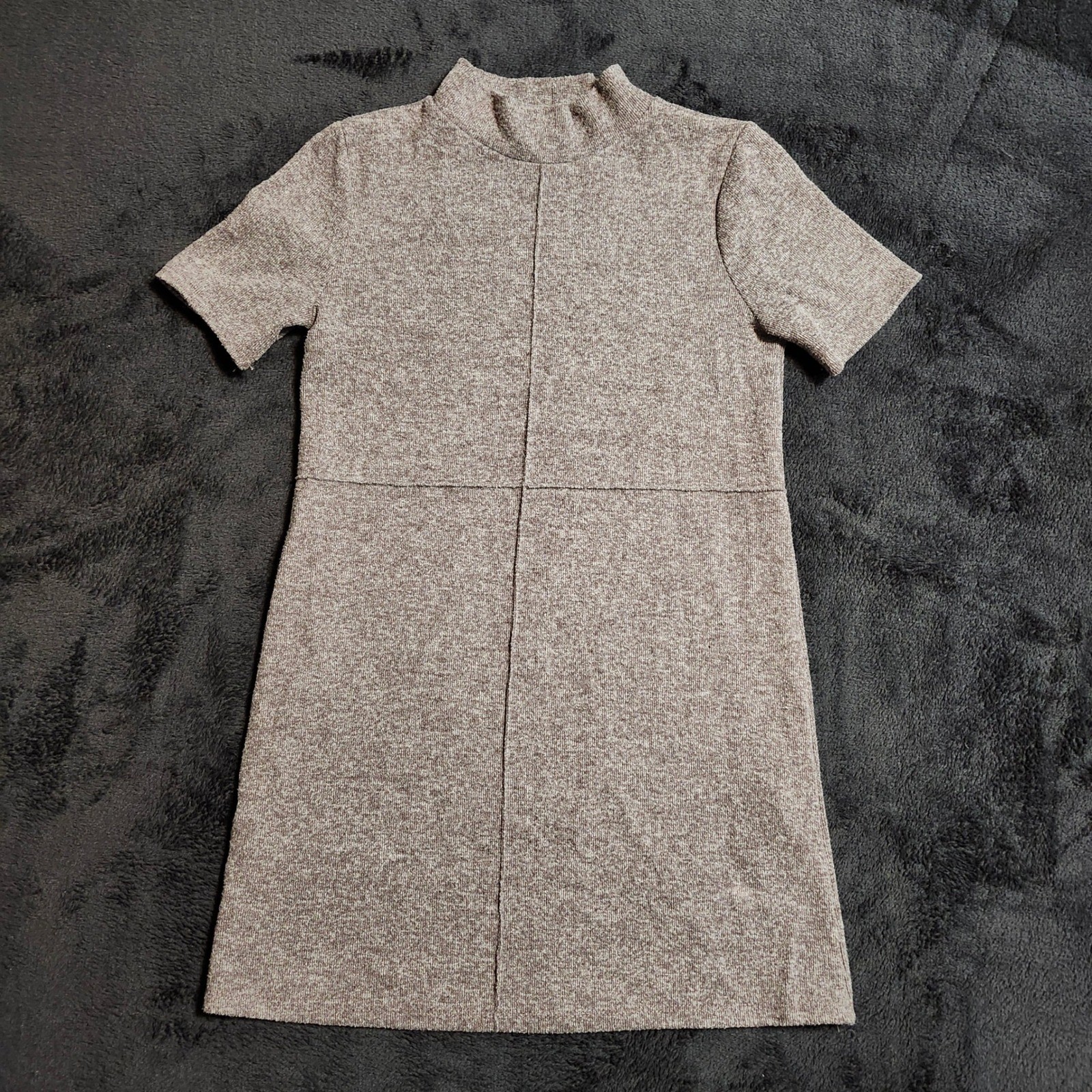 Zara Womens Brown Knit Mock Neck Short Sleeve Mini Dress Seam Detail Size Medium