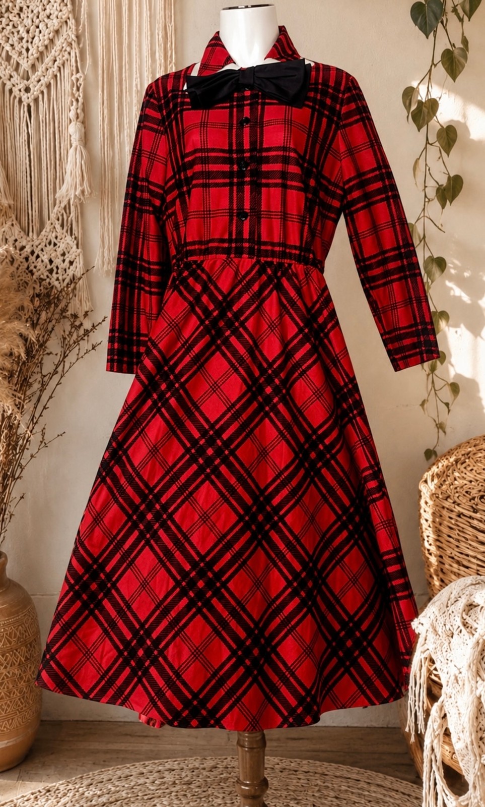 Vintage Herman Marcus Red Plaid Bow Dress Mod Preppy Retro Midi USA Sz XS