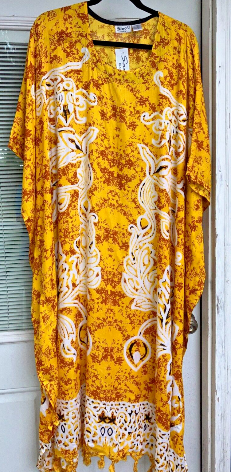 NEW SANTE 100% RAYON 2X 3X MUMU KAFTAN CAFTAN HOUSE DRESS YELLOW & WHITE #HJ