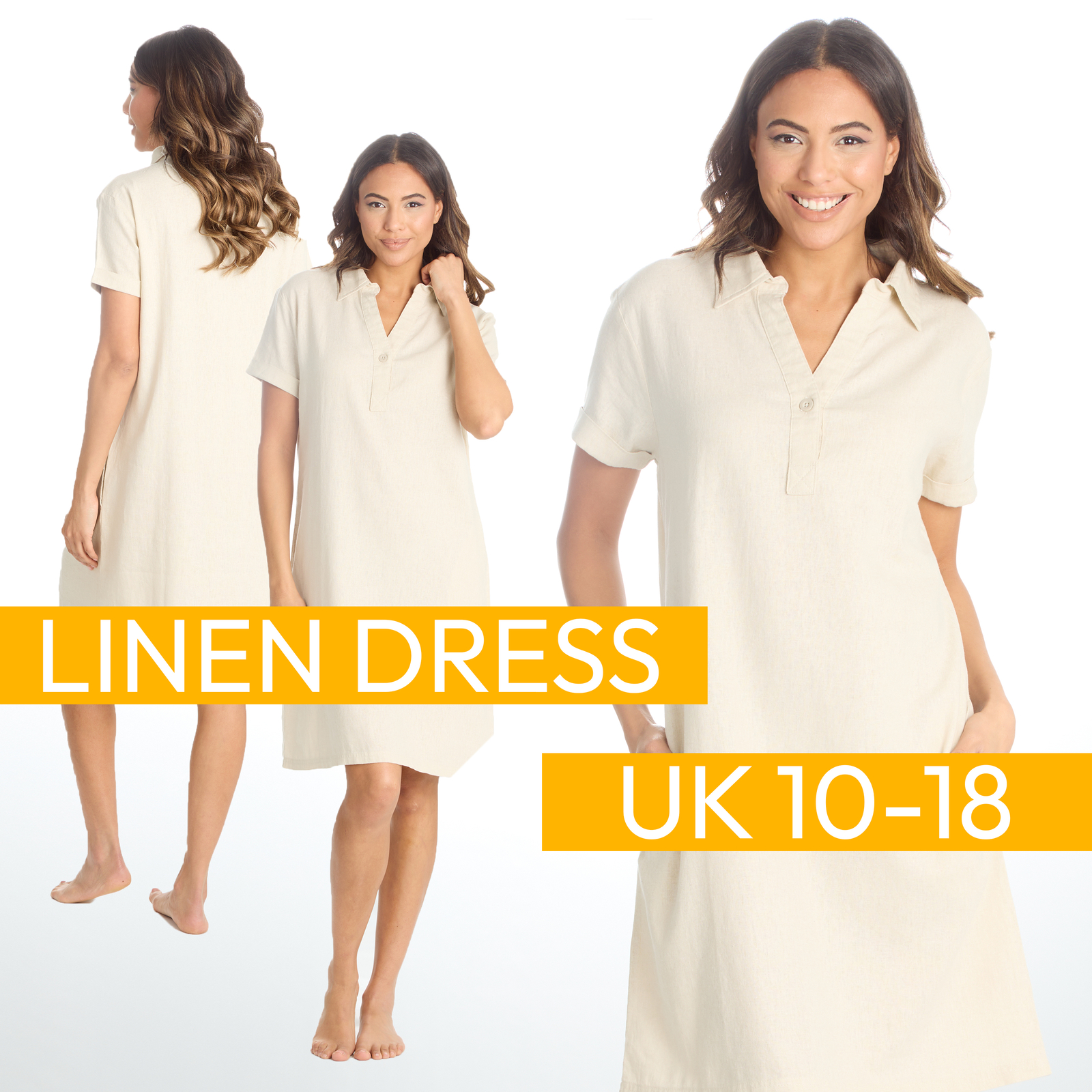 Ladies Linen Viscose Blend Short Sleeved Shift Beige Summer Dress 10 12 14 16 18