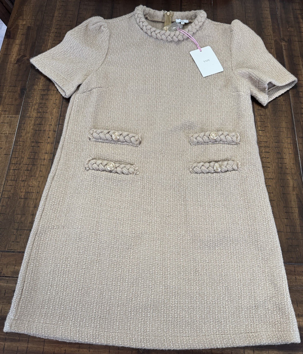 VOY Women’s Tan Tweed Braided Trim Shift Dress Gold Buttons Wool Blend Size M