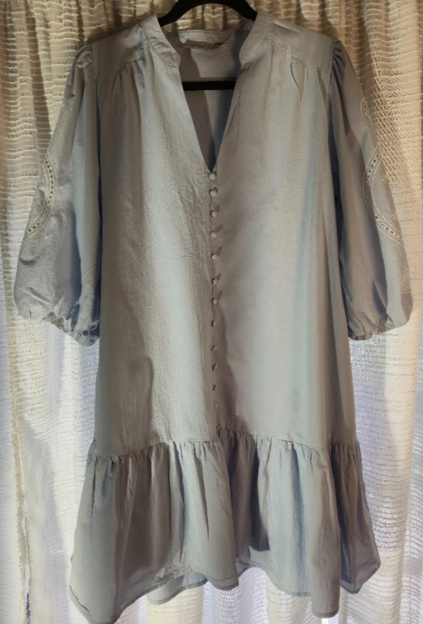 Basement Cottagecore Boho Peasant Dress Blue Button Front Ruffle Hem Mini Sz MED