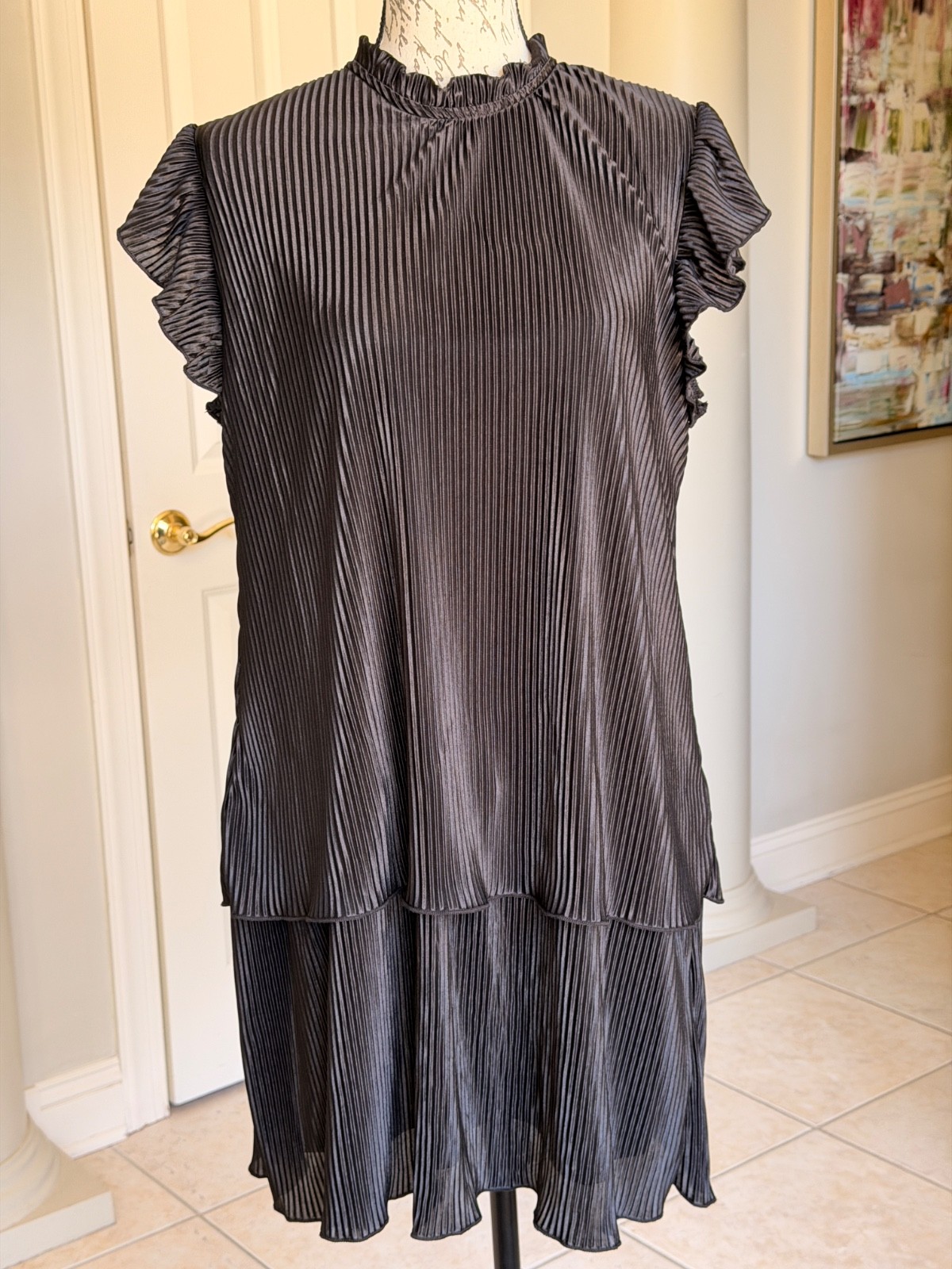 24seven Comfort Apparel Ruffle Cap Sleeve Pleated Tiered Mini Dress Black XL NWT