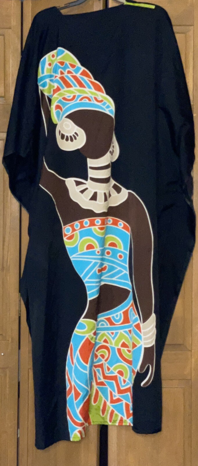 Seven Islands Muumuu Dress Caftan Kimono Black African Theme One Size M L XL XXL