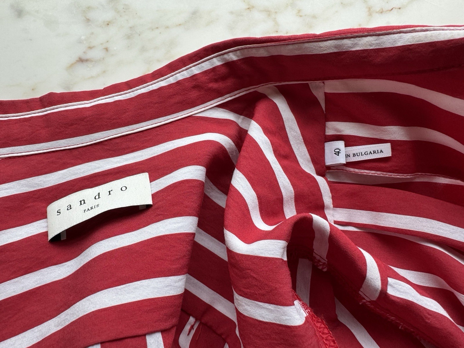Sandro Paris Red White Striped Wrap Midi Dress Short Sleeve Belted Sz 40 US 8 M
