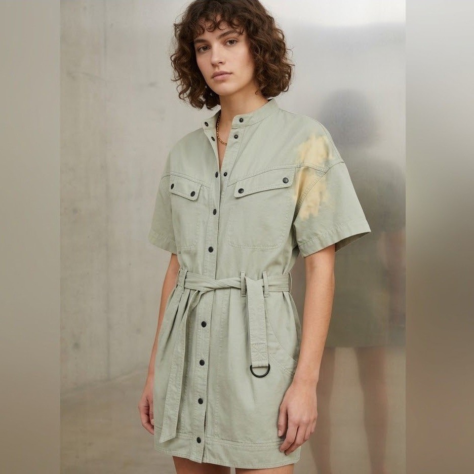 Isabel Marant Zolina Mini Shirt Dress 42 Lg Green Short Sleeve Snap Front READ