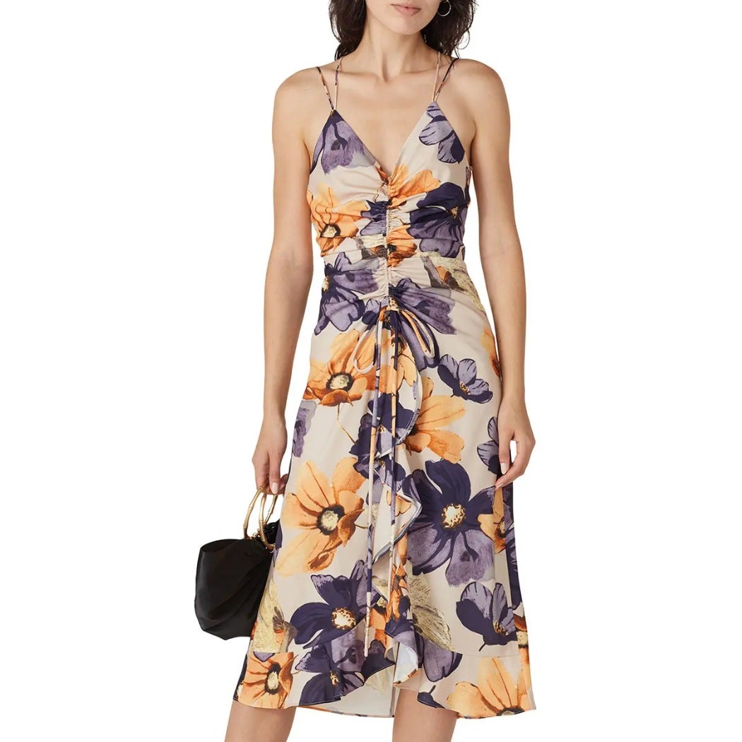 O.P.T. Purple Pansy Floral Midi Slip Dress MEDIUM Cocktail Vacation Ruched $133