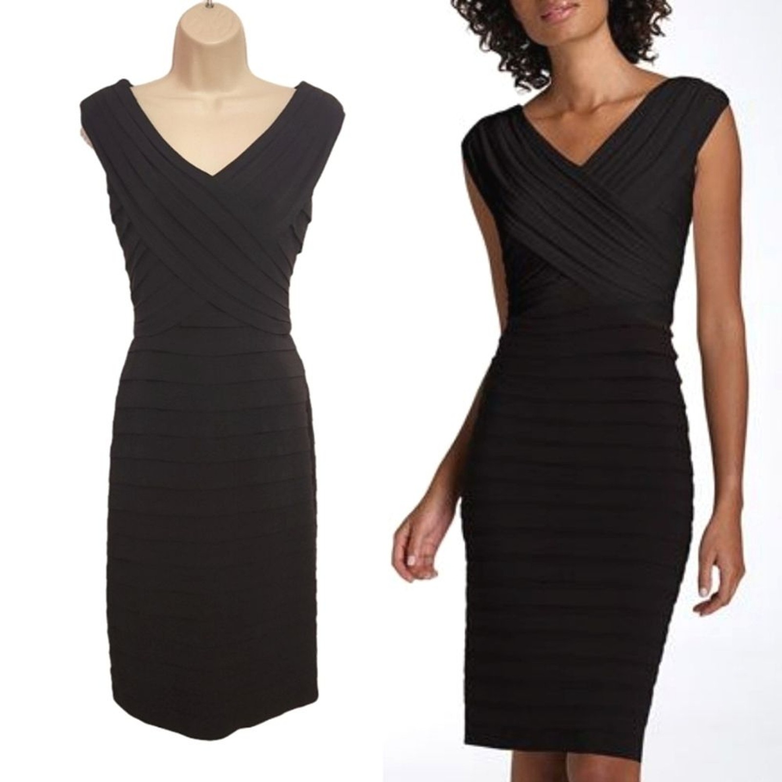 Adrianna Papell Tiered Layered Fitted Cocktail Sheath Evening Dress Black 6