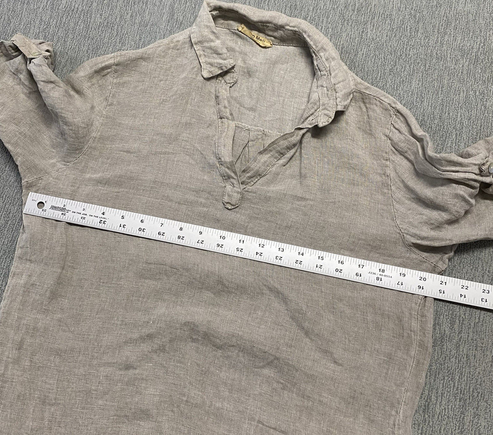 Meo Meli Tunic Top 100% Linen One Size Taupe Sand Pullover Roll Tab Short Sleeve