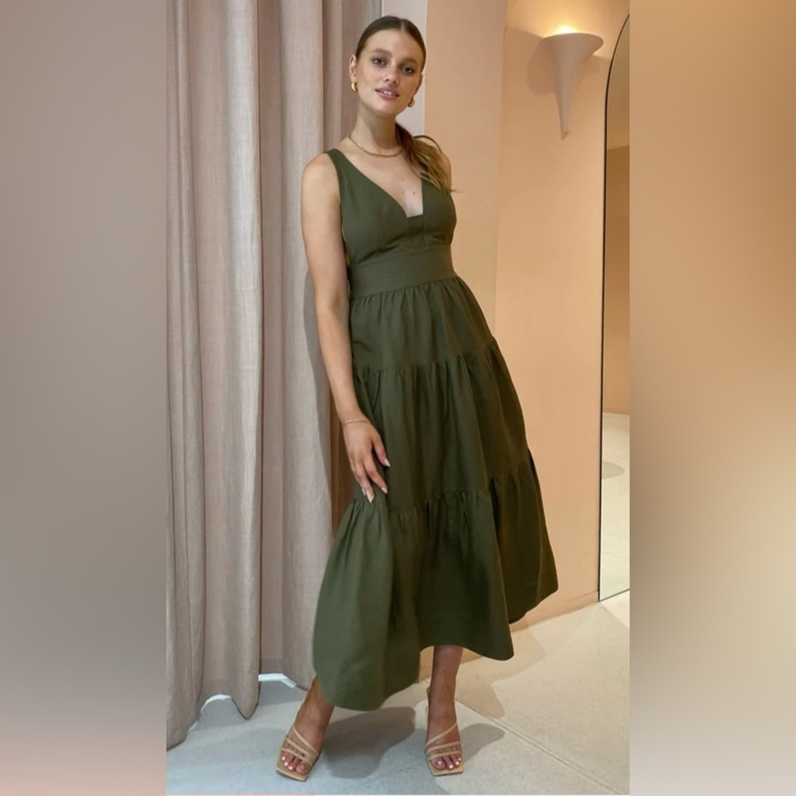 Shona Joy Linen Juliana Plunged Cross Back Midi Dress In Forest size 4