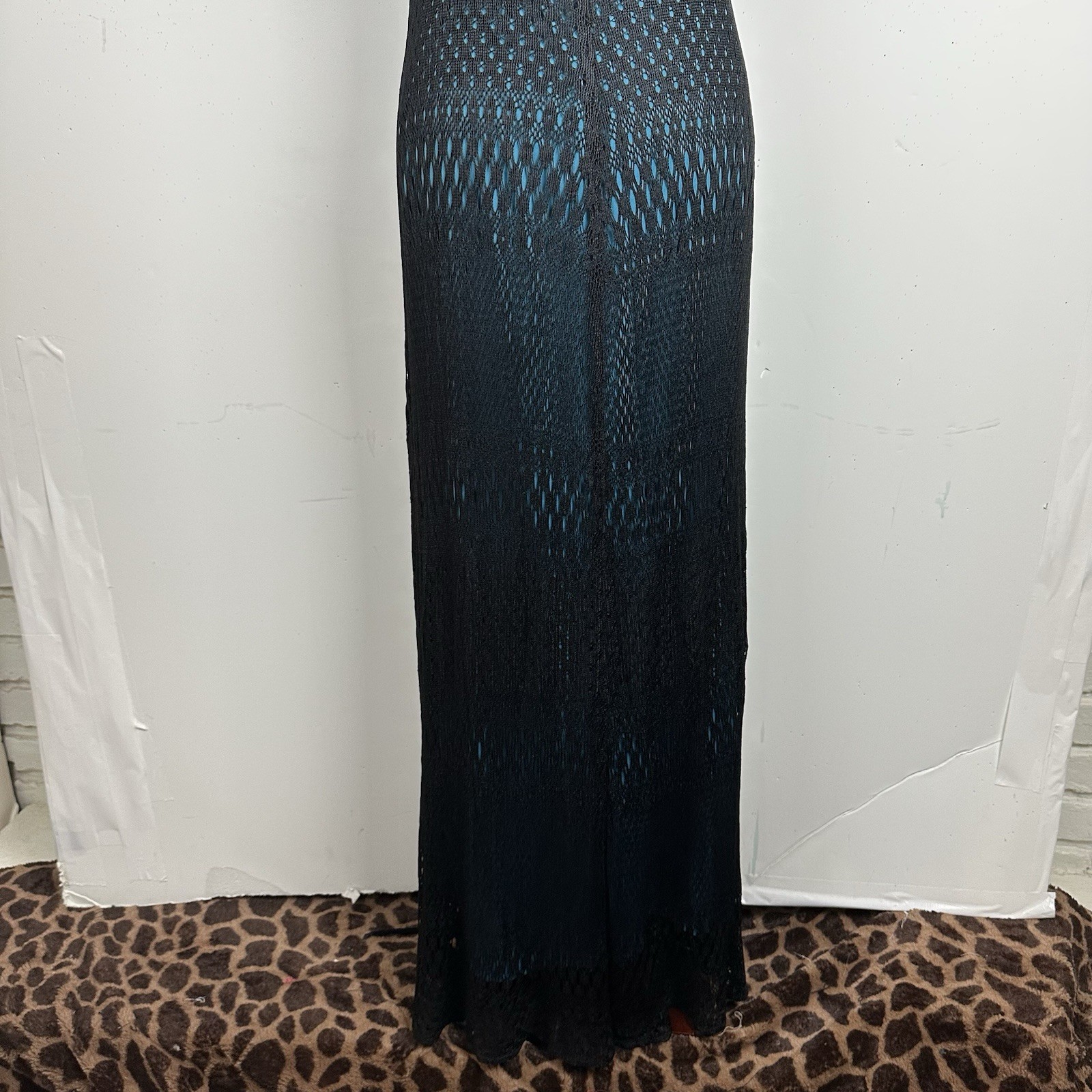 Vtg Maxi Dress Black Crochet Blue Lined 90s Y2K Whimsigoth Fairy Grunge Boho L