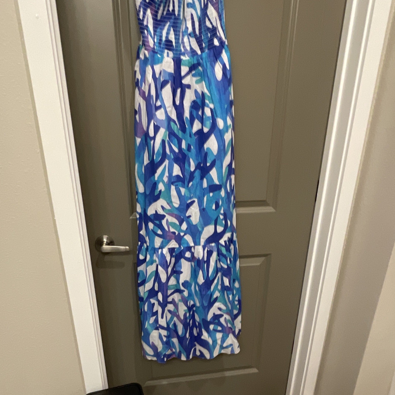MILLY Womens Strapless Smocked Maxi Dress Abstract Blue White Purple Size M