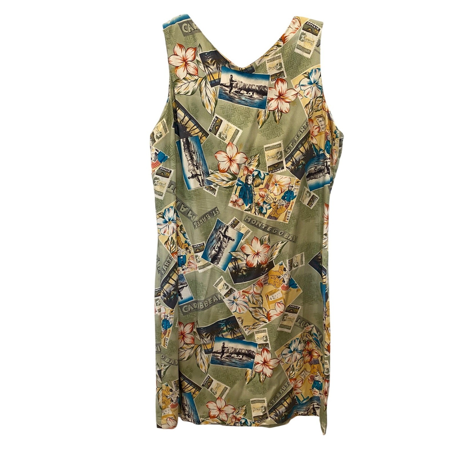 Caribbean Joe Shift Dress Women Petite Large Green Tropical Postcard Print Rayon