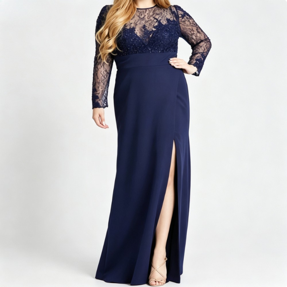 Plus Size Navy Blue Long Sleeves Beaded Lace Slit Formal Mother of Bride Dresses