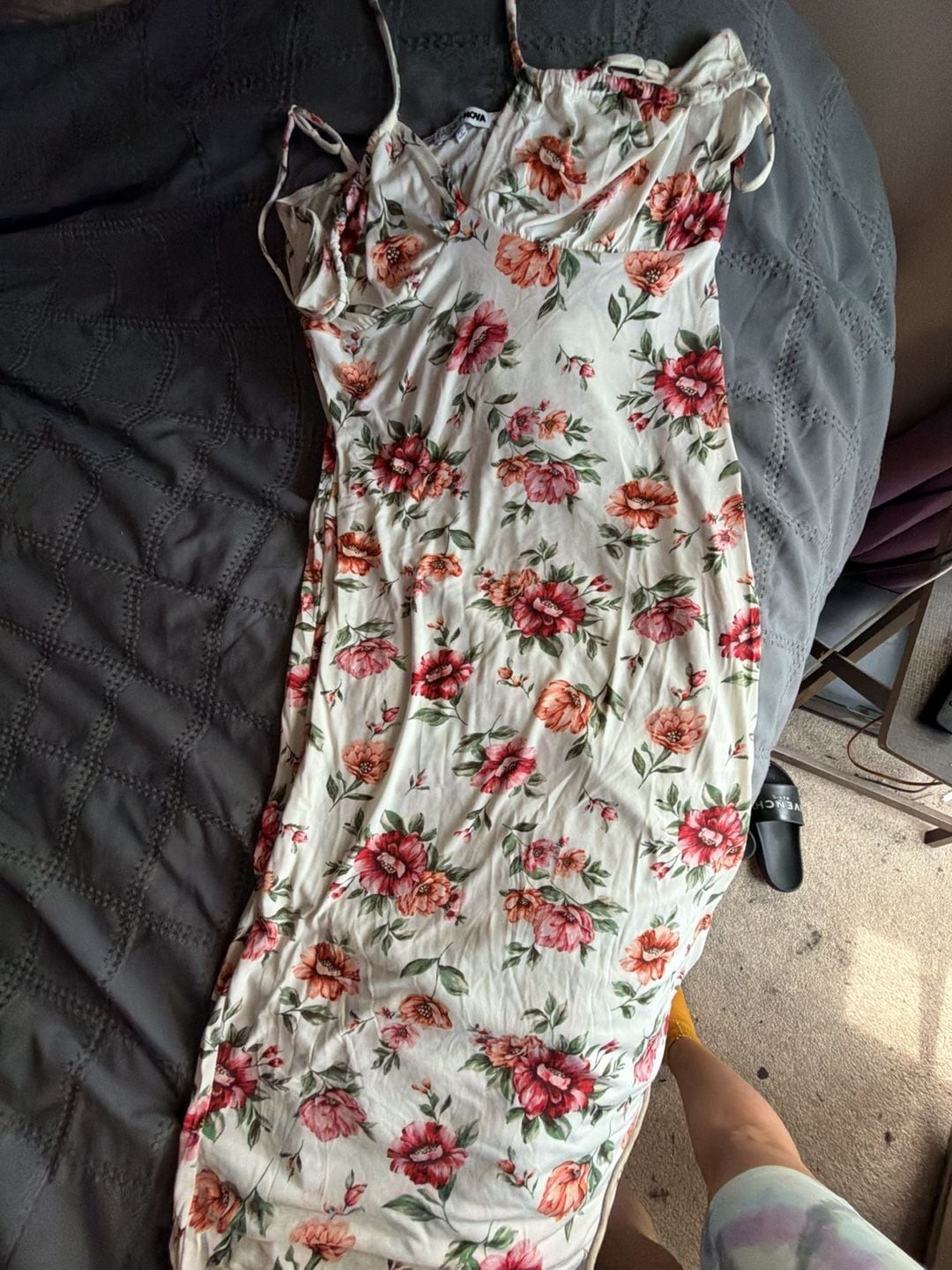 Fashion Nova Cream Floral Midi Dress with Spaghetti Straps