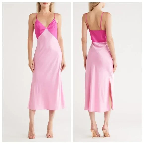 Hutch Anthropologie Satin Slip Dress Women Large Pink Fuchsia Midi Wedding Guest