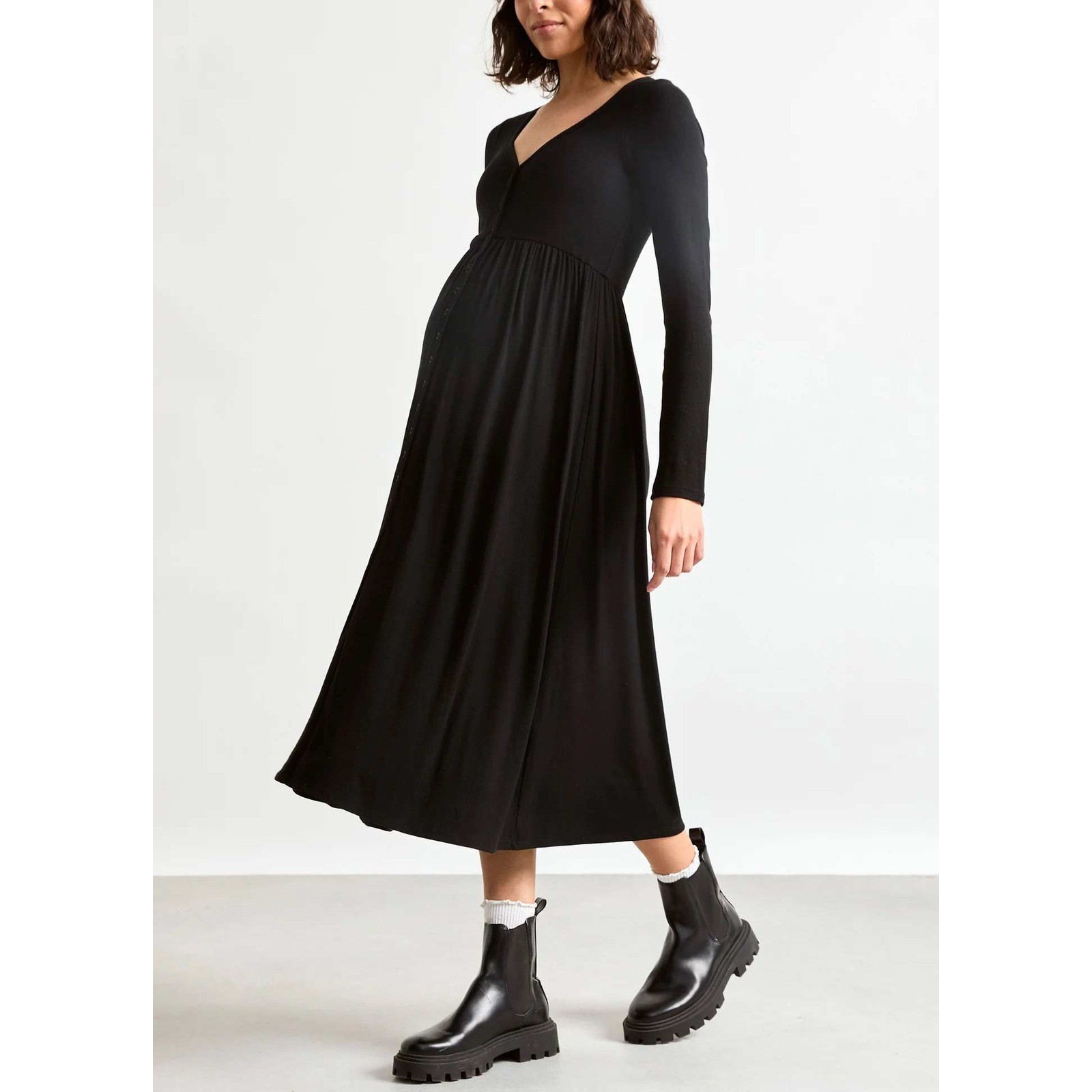 HATCH Maternity Nursing Black Ribbed Snap Dress Size 1 (S) Long Sleeve Midi