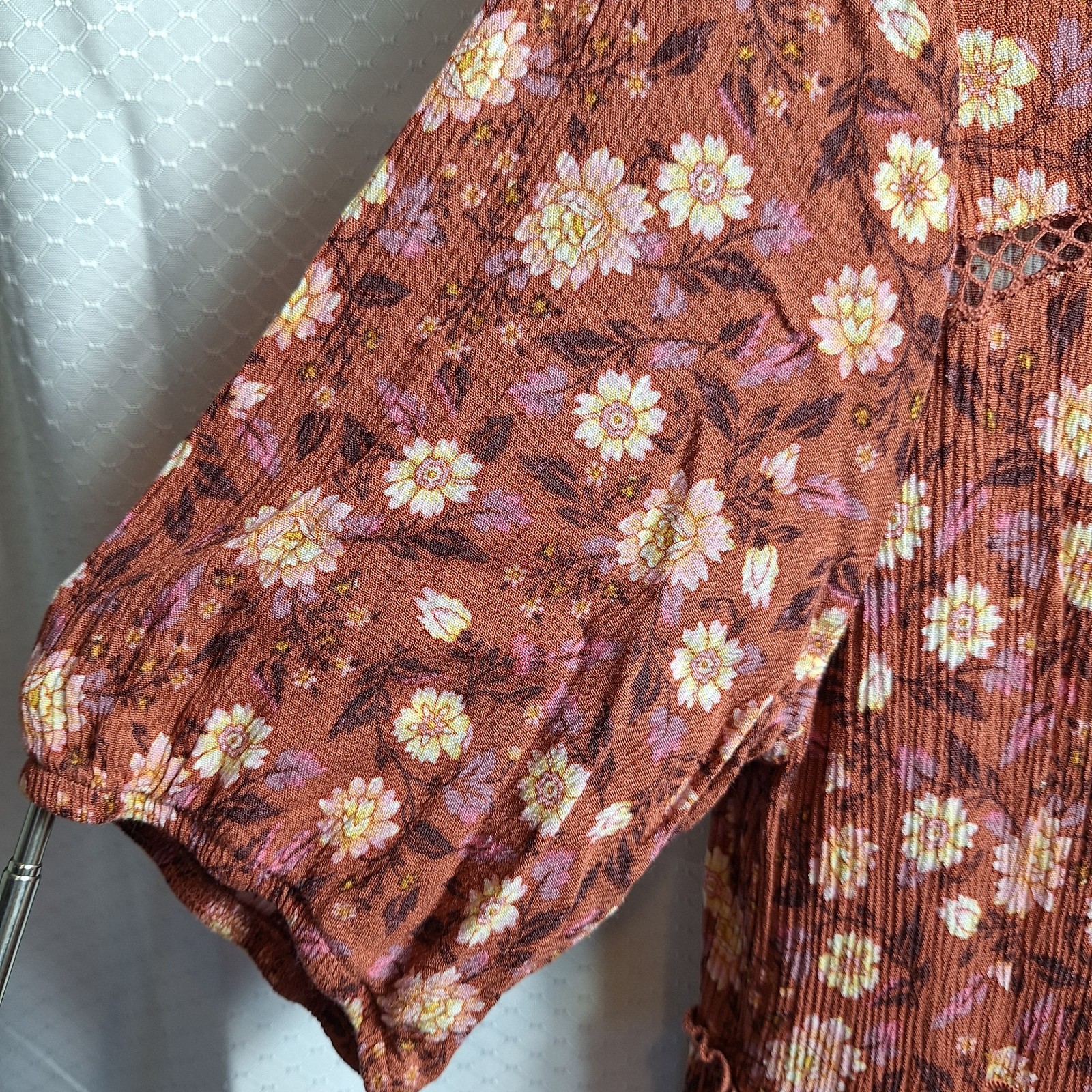 KNOX ROSE Peasant Midi Dress Sz M Rusty Orange Floral Cottagecore Prairie Boho