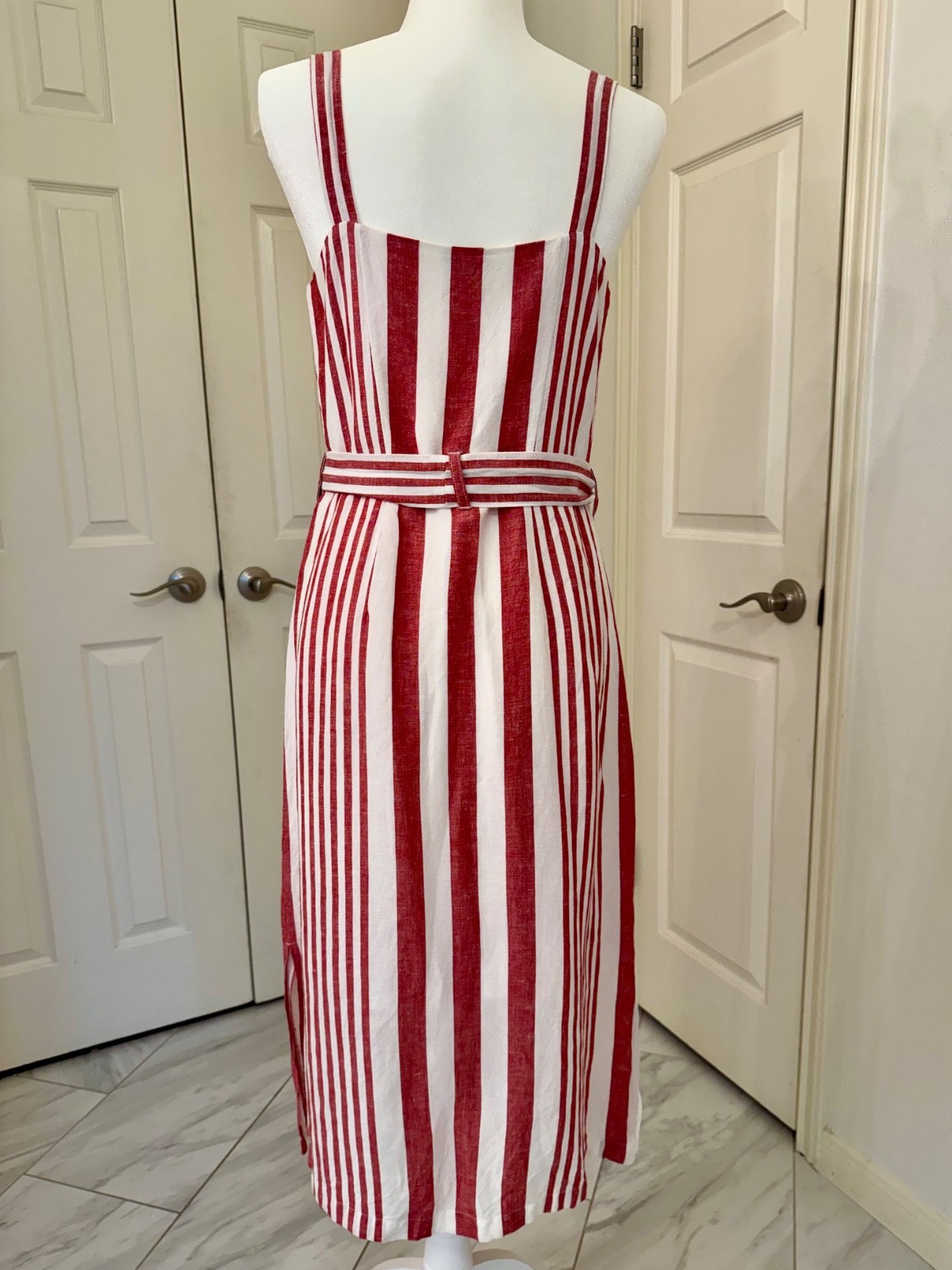 Rails Clement Dress M Medium Montreal Stripe Tie Waist Linen Rayon Blend Midi