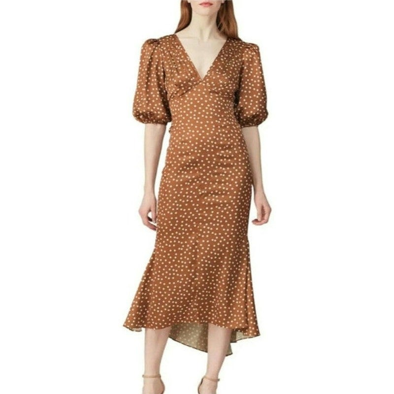 Ronny Kobo Brown White Polka Dot Midi Dress Hi Low Puff Sleeve A-Line XS Party