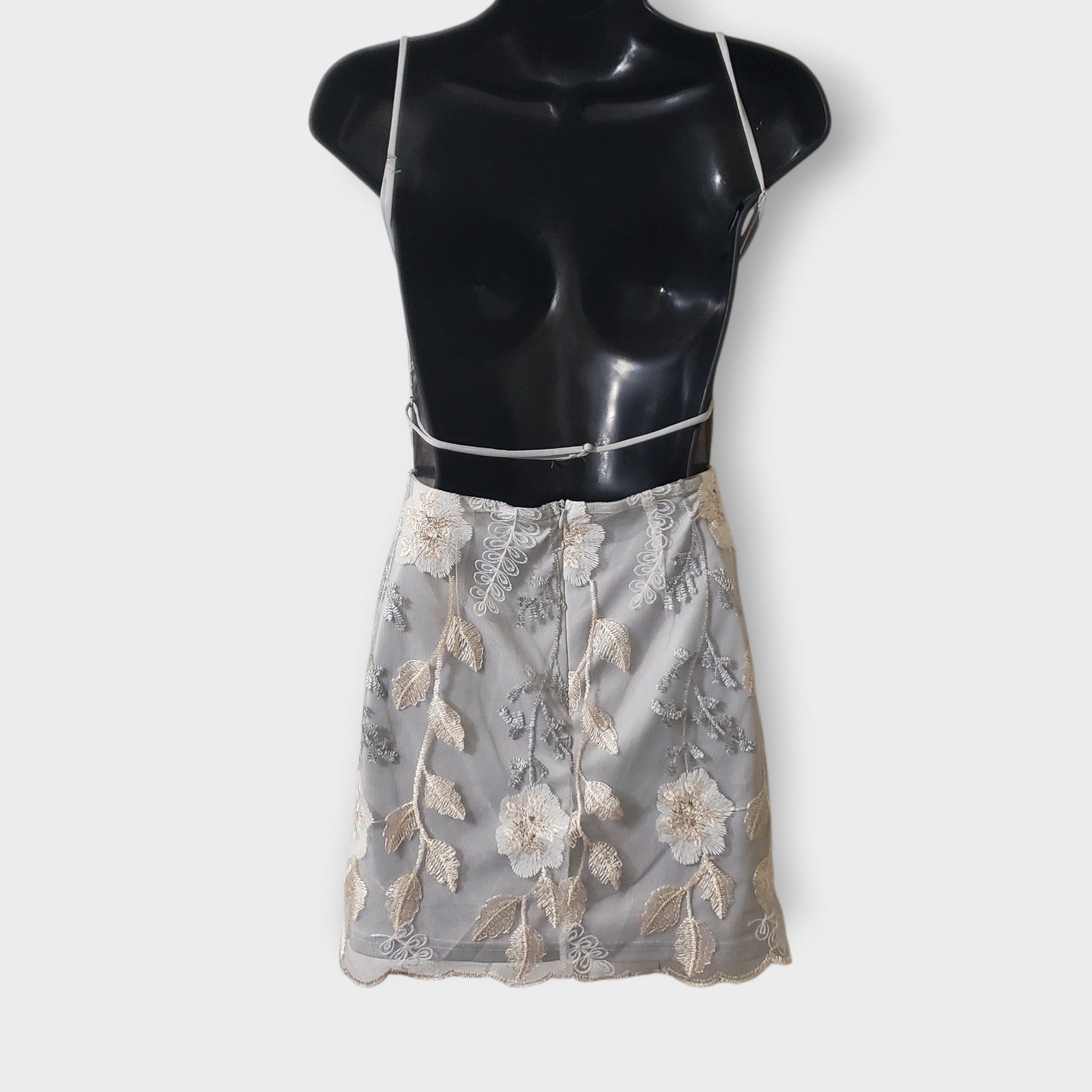 Lucy in the Sky Floral Embroidered Mesh Mini Dress Silver Grey Strappy Back S