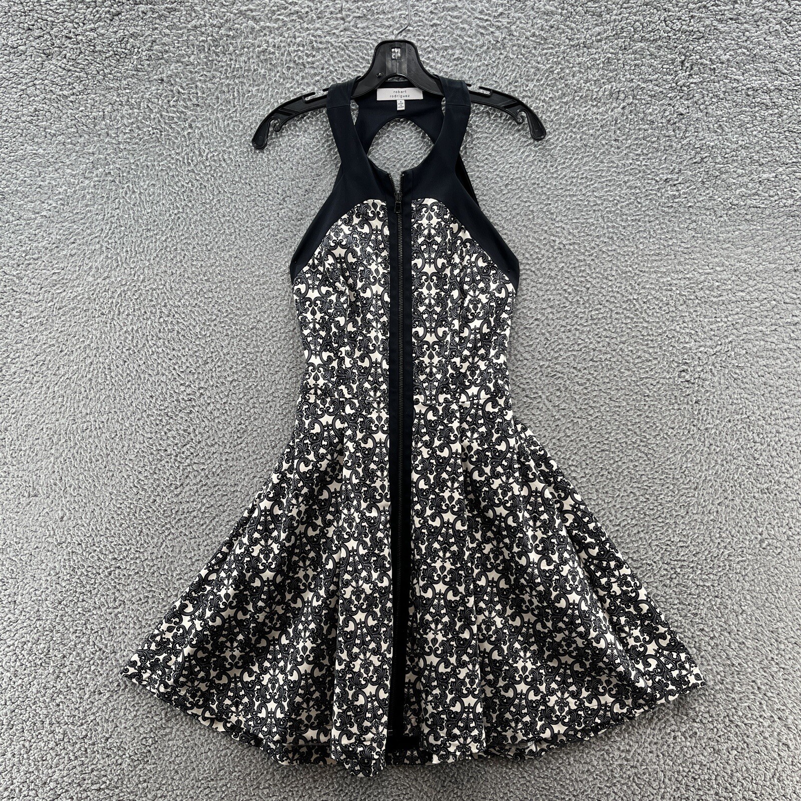 Robert Rodriguez Dress Women 4 Black Fleur de Lis Party Fit Flare Pockets Mini