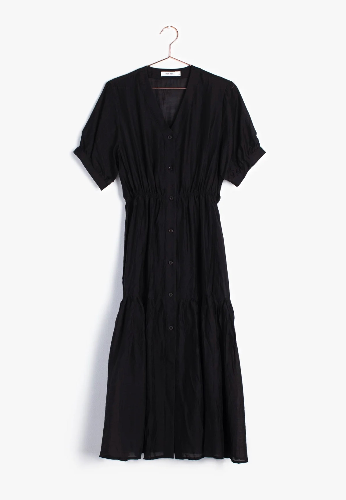 MOD REF S Black Button Front Midi Dress Puff Sleeve Tiered Lightweight Cottage