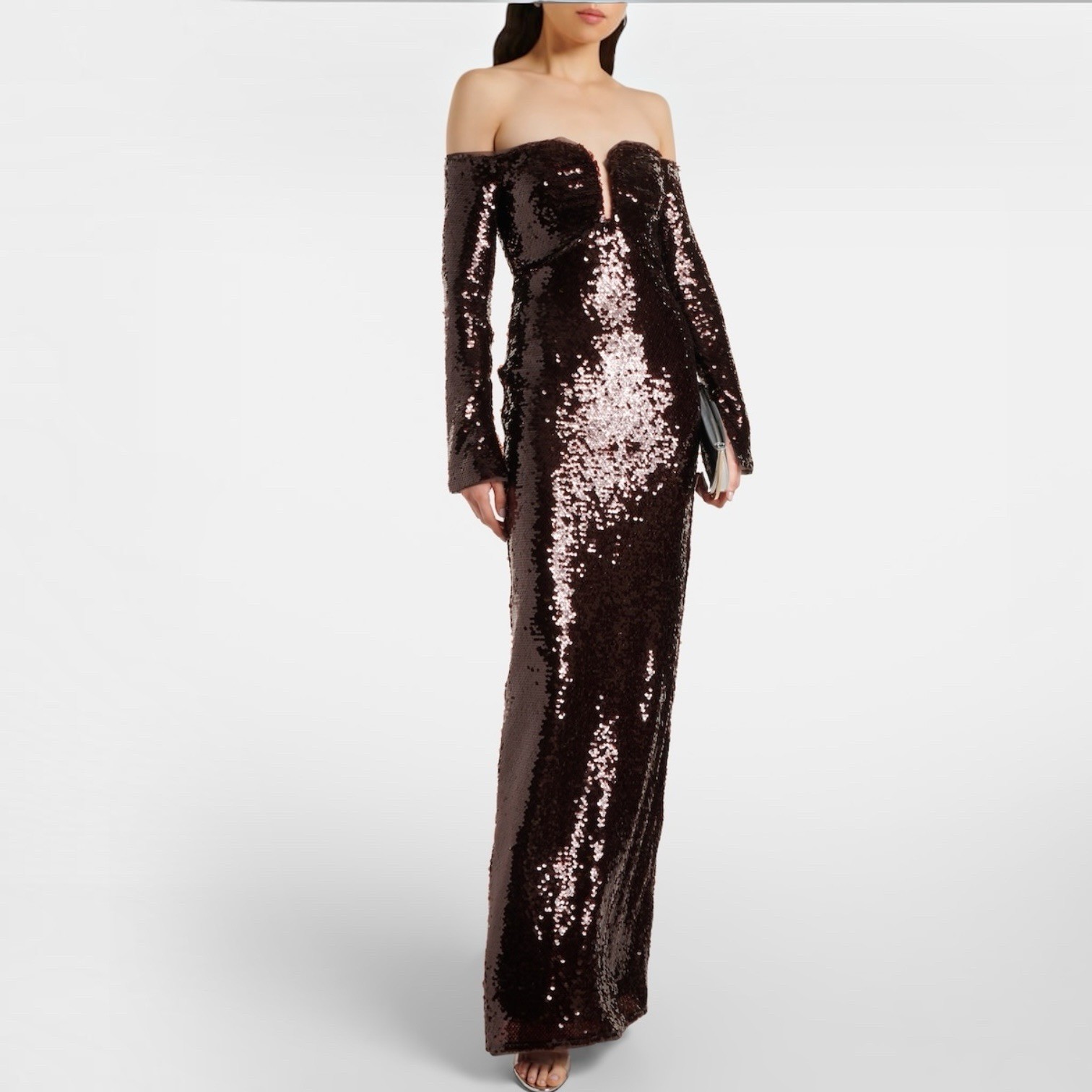 Self-Portrait Sequin Dress Size 12 AU / 8 US Maxi Off Shoulder Brown