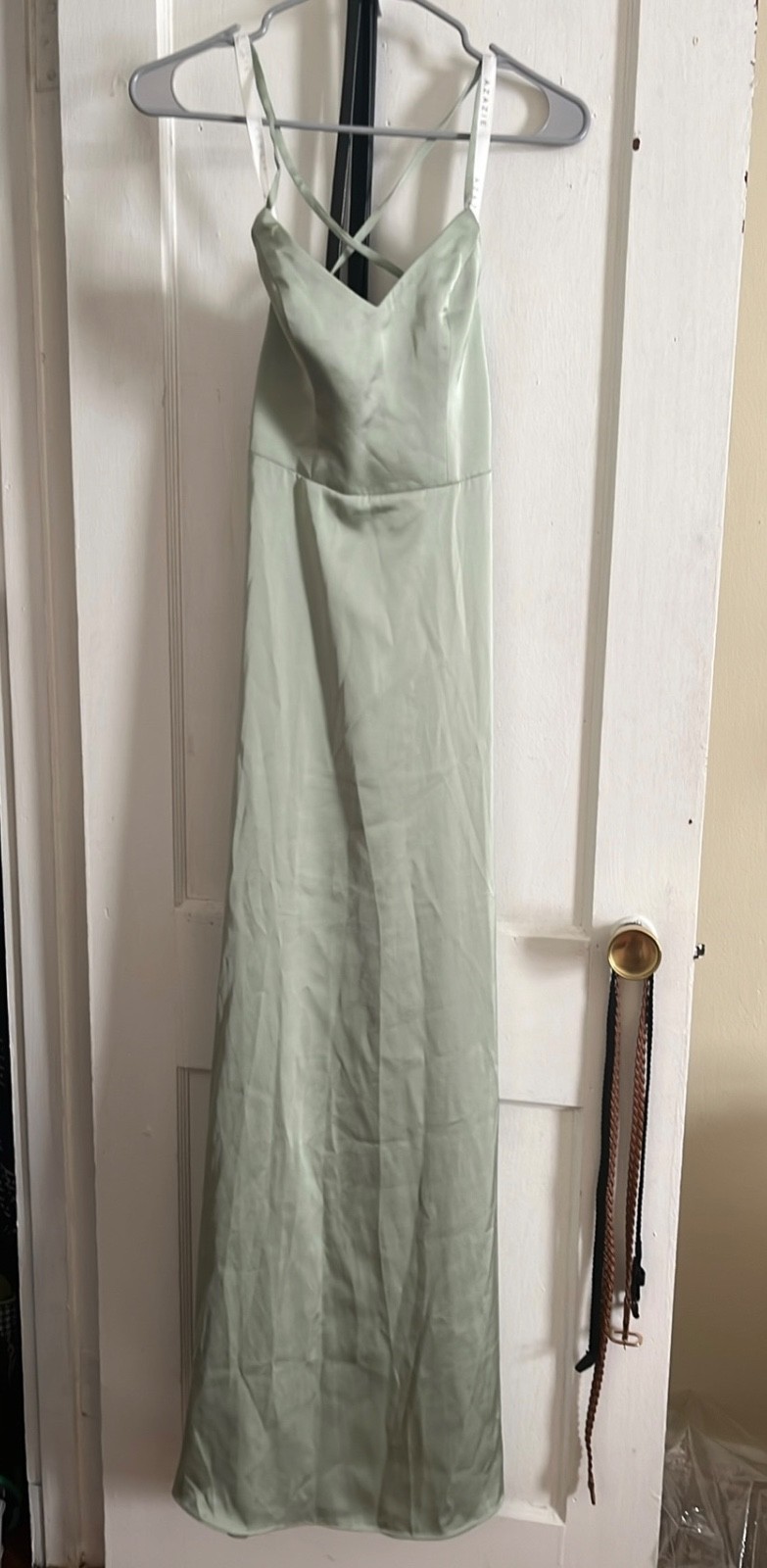NWT Azazie Mei Dusty Sage A-Line V-Neck Stretch Satin Dress A0