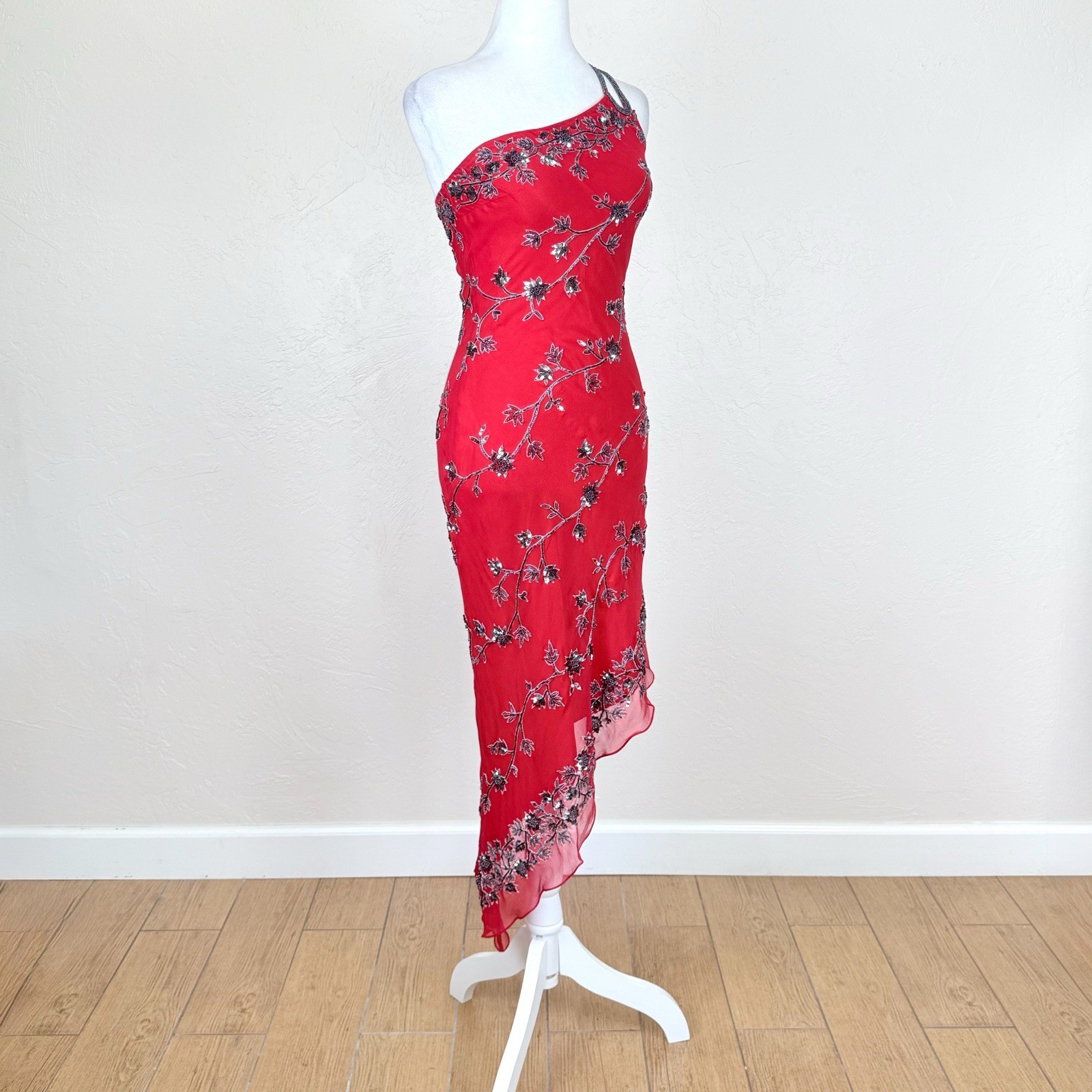 NWT Vintage Scala 1990s Red Silk One Shoulder Beaded Asymmetrical Midi Dress S