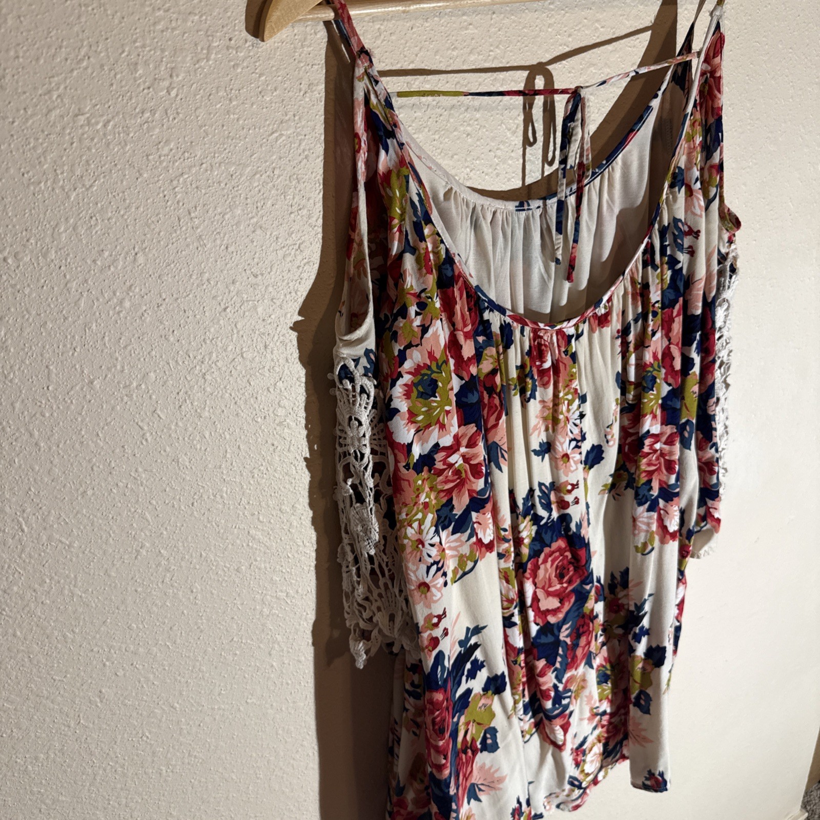 Umgee Med. Floral Boho Off Shoulder Mini Dress Crocheted Detailing Cotton Blend